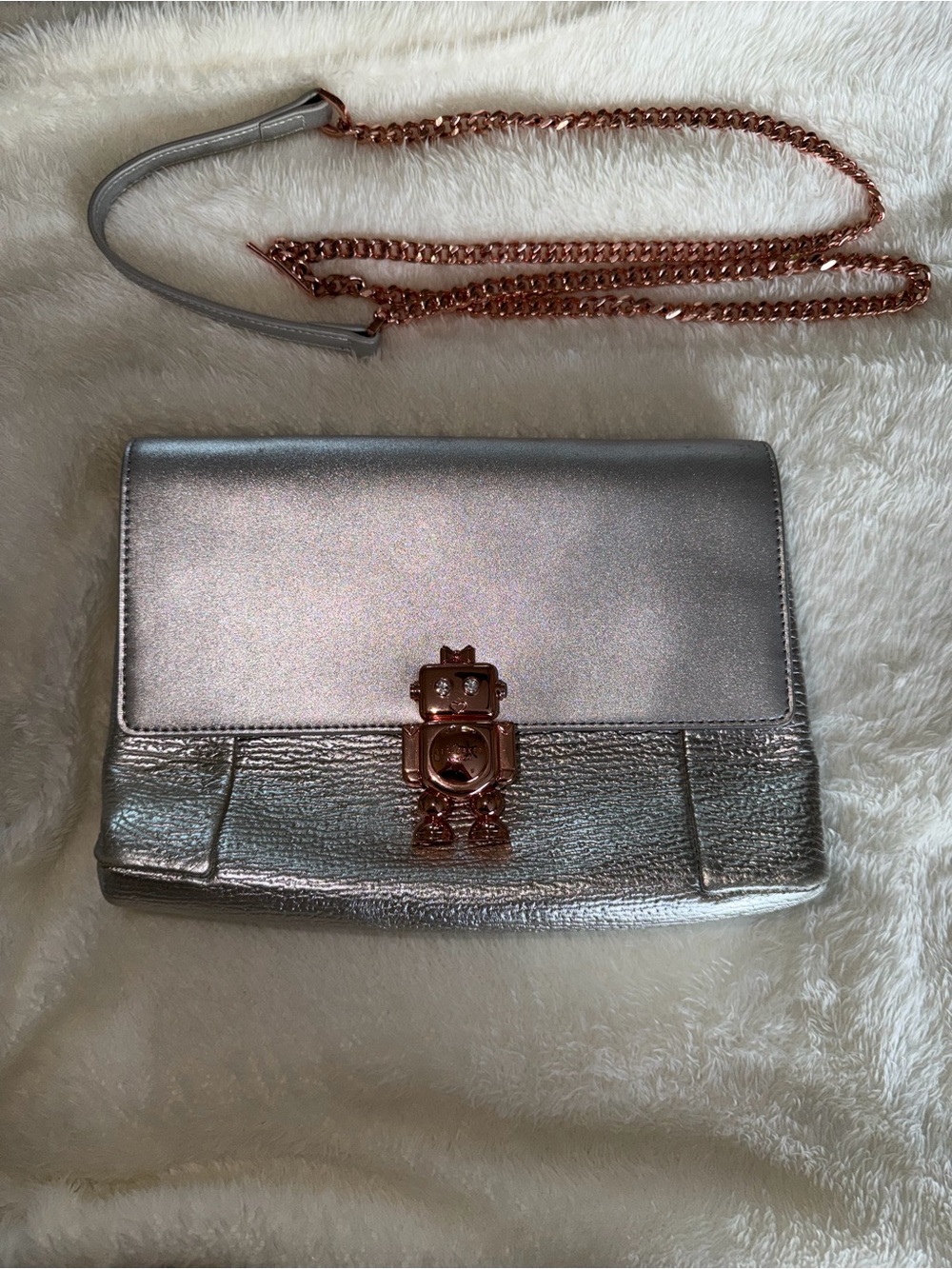 Ted Baker London Silver Crossbody Bag with Rose Gold Robot Clasp